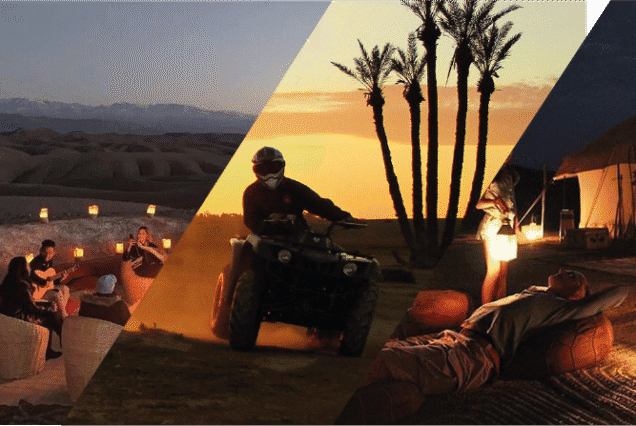 Guests riding quad bikes in the Agafay Desert at sunset, followed by a Moroccan dinner at a lantern-lit desert camp