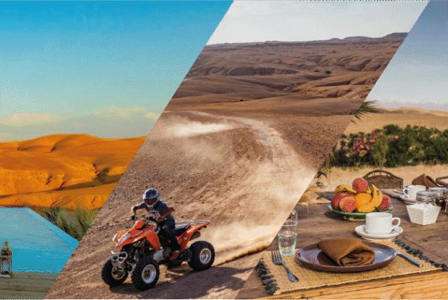 Guests riding quad bikes in the Agafay Desert, relaxing by a pool, and enjoying a Moroccan lunch with Atlas Mountains in the background