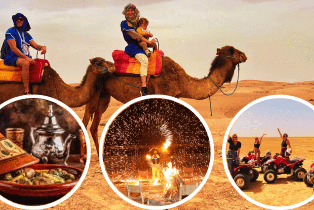 Guests enjoying a camel ride at sunset in the Agafay Desert, relaxing by a pool, and dining outdoors at a lantern-lit camp
