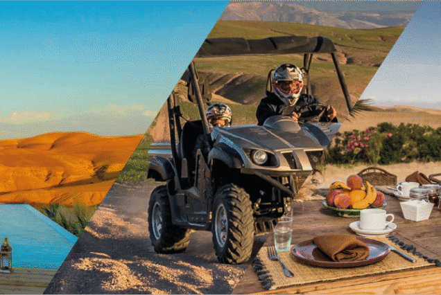 Two guests sharing a buggy ride in the Agafay Desert, relaxing by a pool, and enjoying Moroccan lunch at a desert camp