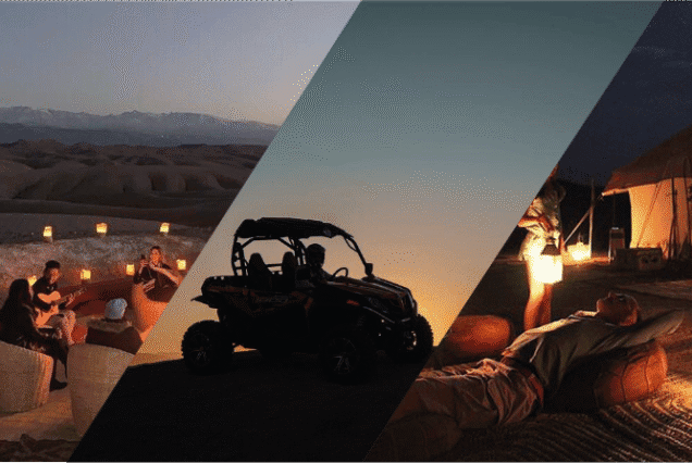 Two people enjoying a 500cc buggy ride in the Agafay Desert, relaxing by a pool, and dining outdoors at a lantern-lit camp