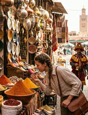 souvenirs and spices on the Jamaa el Fna market in old Medina, Marrakesh, Morocco